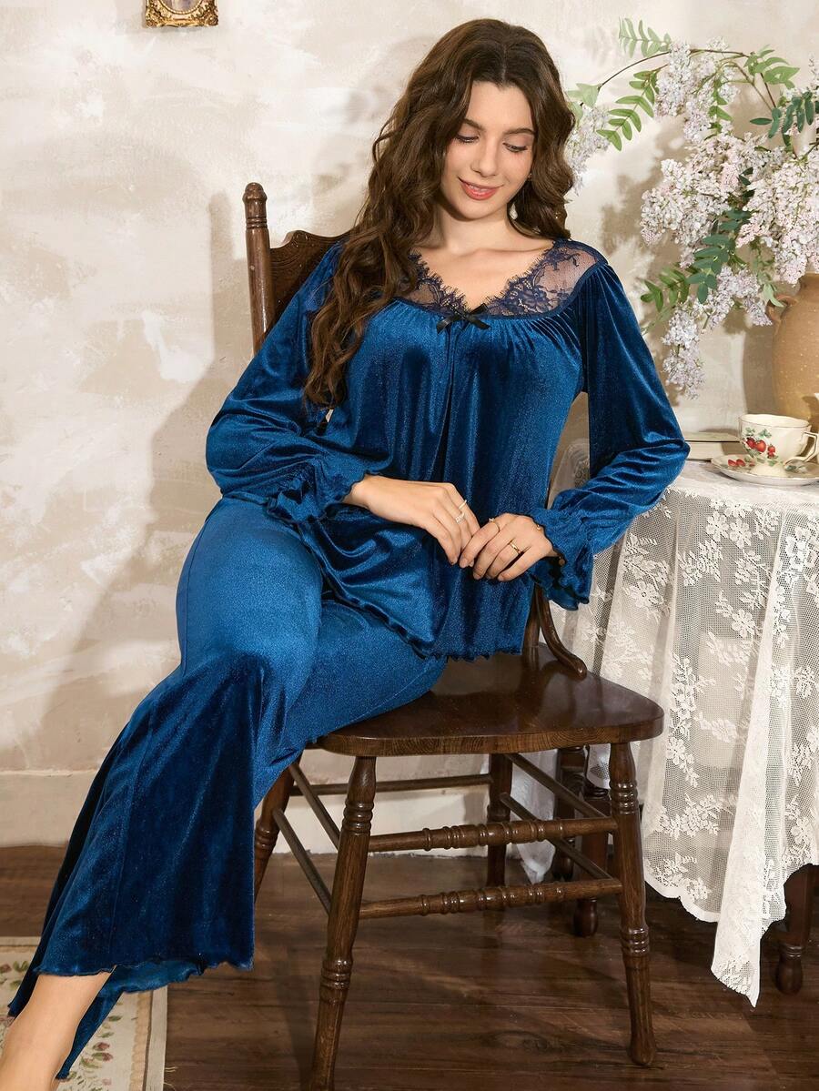 Bộ đồ ngủ ren và nhung Pháp Côtesoire dành cho nữ Bộ đồ ngủ Gothic dành cho nữ Bộ đồ ngủ ren Polar Express dành cho nữ Bộ đồ ngủ nhung xanh dành cho nữ Bộ đồ ngủ ren xanh, Quần áo mùa đông - Màu xanh hải quân - Xem 1