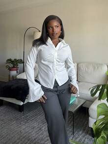 Tyla Gomez Solid Ruched Front Flare Sleeve Slim Fit White Shirt - White - View 4