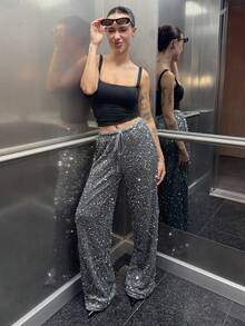 Abrilcols Women's Black Velvet Silver Sequin Drawstring Wide Leg Pants, Suitable For Daily Wear, Concert, Cocktail Party, Party, Nightlife, Carnival Party Glittering - Dark Grey - View 1