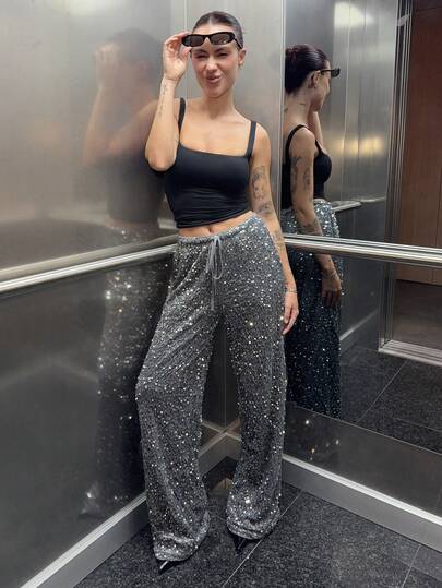 Abrilcols Women's Black Velvet Silver Sequin Drawstring Wide Leg Pants, Suitable For Daily Wear, Concert, Cocktail Party, Party, Nightlife, Carnival Party Glittering