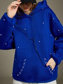 Elnivra Uhlyne - 女士简约重磅高端小众串珠口袋连帽运动衫，宽松版型，复古蓝色，冬季服装 - 寶藍色 - 查看 5