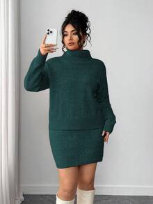 Elenzga Plus Size Women 2-Piece Set, Loose Long Sleeve Solid Color Turtleneck Sweater Top & Super Short Sexy Sweater Dress, Casual & Sweet Korean Style - Dark Green - View 4