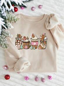 INAWLY Áo nỉ nữ/Áo in họa tiết cốc Giáng sinh/Áo nỉ Giáng sinh/Áo hoạt hình Giáng sinh, Áo nỉ cổ tròn dài tay/Áo phông tiệc Giáng sinh, Quà tặng Giáng sinh dễ thương/Áo cổ tròn rộng rãi thường ngày cho nữ/Mùa thu đông - Màu Khaki - Xem 1