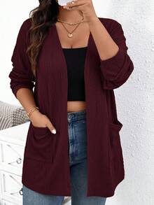 SHEIN Essnce Plus Size Women Casual Solid Color Dual Pocket Front Open Cardigan, Autumn/Winter - Rose Red - View 3