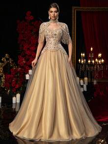 Glamrae Petite Đầm dạ hội trễ vai trang trọng dành cho nữ (được trang trí cầu kỳ) - Màu Khaki - Xem 5