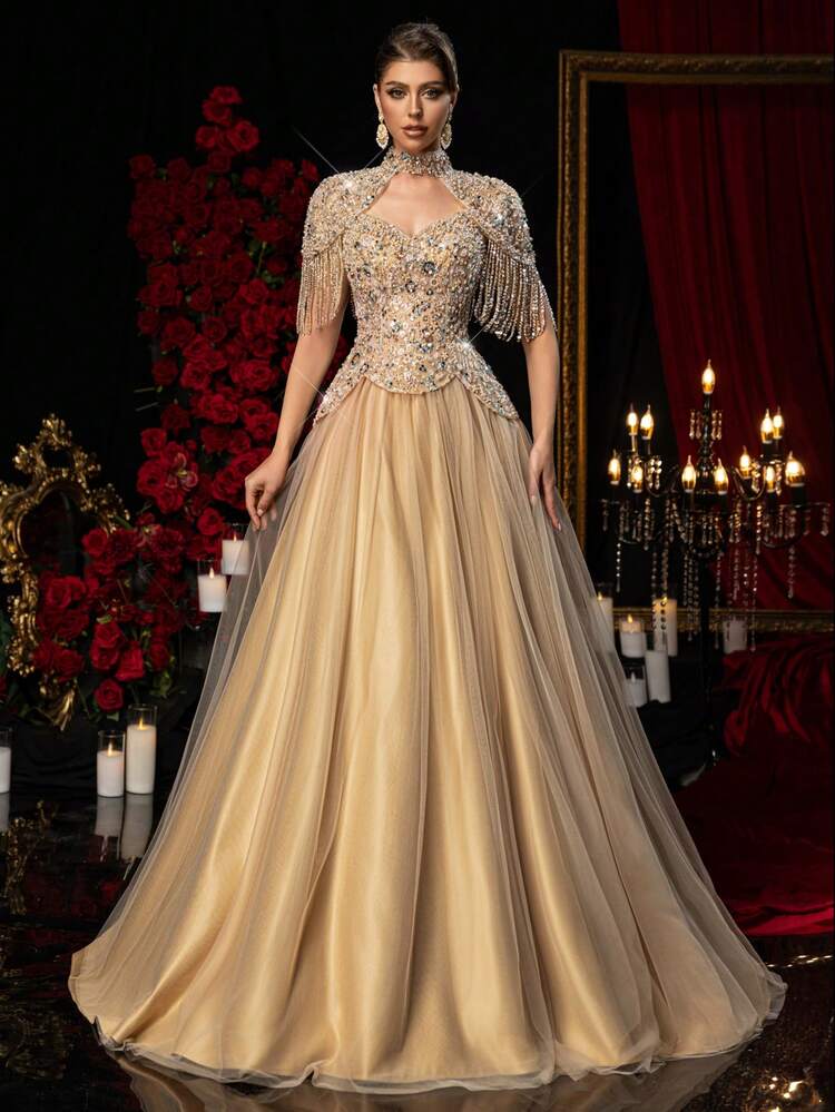 Glamrae 优雅奢华的串珠和亮片花卉可拆卸外套和薄纱长裙，适合婚礼、派对、度假、庆典、正式场合（大量装饰） - 香檳色 - 查看 5