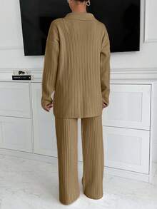 EURMUSE Handmade Stitch Embroidery Sweater And Pant Knit Set - Camel - View 2