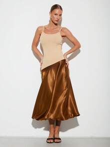 Nuvra Rochie lungă pentru femei cu design patchwork, rochie la modă cu bretele spaghete, flatantă și versatilă pentru toamnă, potrivită pentru straturi - Multicolor - Vizualizare 7