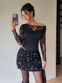 Siren Gaze Váy mini vải tuýt sequin thời trang thu đông đa năng mới - màu đen - Xem 3