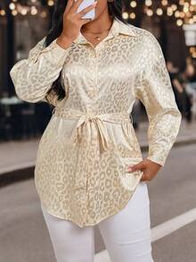 EMERY ROSE Plus Size Women's Champagne Leopard Print Shirt,Autumn Elegant Long Sleeve Drop Shoulder Tie Waist Top,Casual Loungewear For Night Out Club - Apricot - View 1