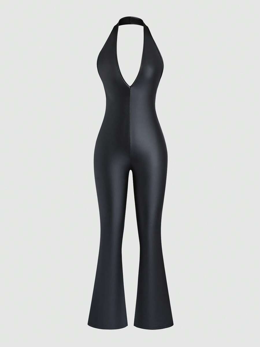 SHEIN Unity Women's Black PU Leather Deep V Neck Backless Bodycon High Waist Flare Leg Jumpsuit, Elegant Luxury Party Fashion Street Casual Versatile Wear For Autumn/Winter - Black - View 1