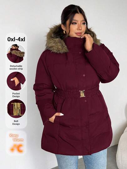 Firerie Plus Size Casual Hooded Fleece Contrast Color Brown Beanie Hat With Burgundy Cinched Waist Metal Buckle Belt Long Sleeve Thick Padded Coat For Autumn/Winter Hiking & Skiing Plus Size Winter Coat New Arrivals Plus Size Jackets Plus Size Winter Jackets Plus Size Coats For Women Plus Winter Jackets For Women Women Plus Size Coats Warm Winter Clothes Plus Size