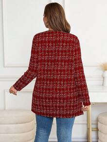 SHEIN Clasi Plus Size Lapel Shoulder Long Sleeve Elegant Plaid Fashion Versatile Jacket - Burgundy - View 2
