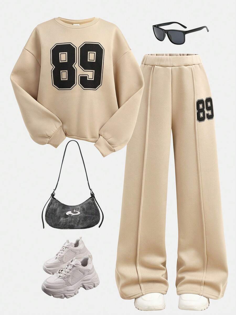 SHEIN Girlism 青少年女孩休闲校园街头风格字母和数字图案圆领运动衫和褶皱阔腿直筒裤针织运动服返校装 - 杏色 - 查看 1