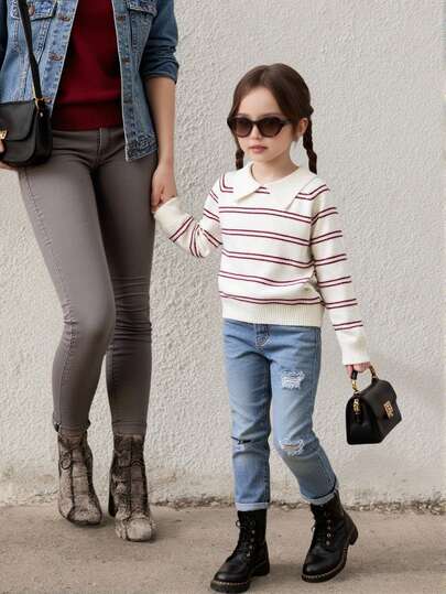 SHEIN 女童杏色和酒红色条纹短款圆领针织衫，柔软舒适，适合日常、户外、旅行、度假、居家、托儿所和儿童玩耍等场合，冬季、圣诞节、万圣节、秋季保暖舒适。