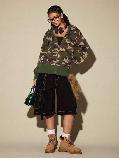 ROMWE Avant Veste à capuche à manches longues, style mode de rue, en tricot ample et camouflage pour femmes