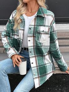 SHEIN LUNE Áo khoác dài tay ấm áp, giản dị, tối giản họa tiết kẻ caro dành cho nữ - Màu xanh lá cây đậm - Xem 3