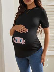 SHEIN Odzież Ciążowa Nadruk kreskówkowy Zakrzywiony brzeg Koszulka