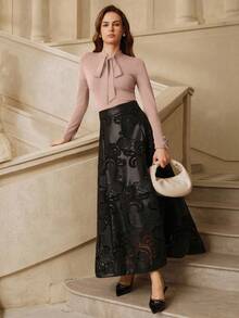 Anewsta 女士优雅亮片粉色毛衣，饰有蝴蝶结和水钻，长袖，适合圣诞节、新年、感恩节、秋冬季穿着。 - 粉色 - 查看 4