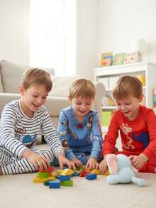 3件套男童可爱卡通条纹印花舒适长袖T恤和长裤睡衣套装 - 彩色 - 查看 8