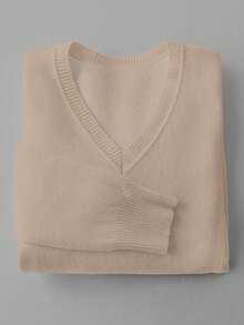 Franclia 女士休闲纯色V领长袖套头毛衣，带保暖内衬，秋冬季 - 卡其色 - 查看 4