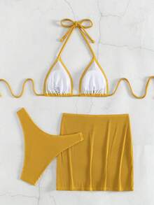 Bonvoyette 女性夏季海灘純色頸掛比基尼套裝，連裙套裝3入組