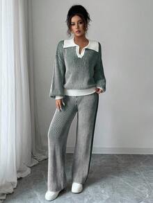 Elenzga 2pcs/Set Setelan Wanita Polo Kerah Patchwork Warna Kontras Sweater Pullover + Celana Panjang, Musim Gugur/Musim Dingin - Dark Green - View 3