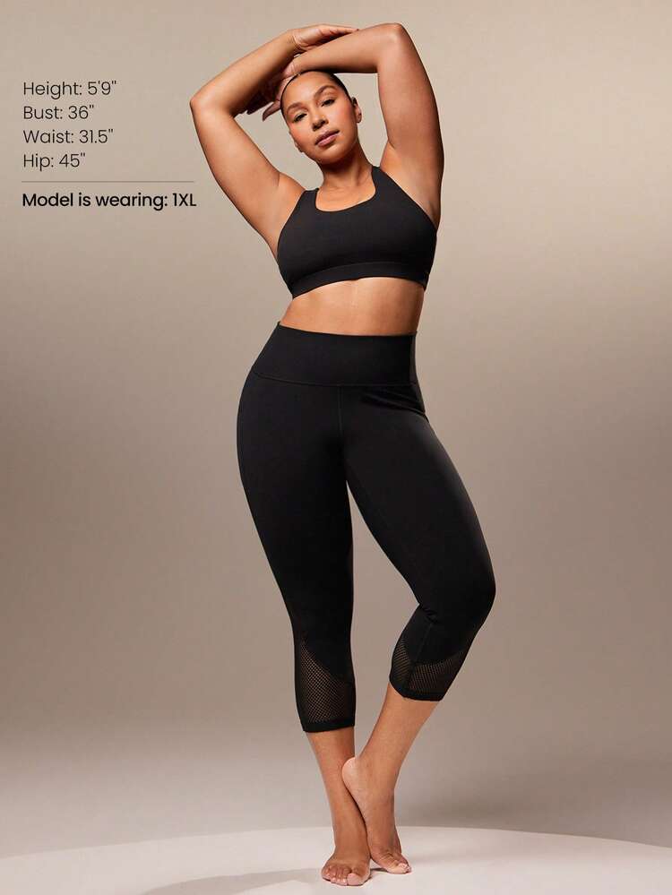 24'' FeatherFit™ Plus Size Flex Mesh High-Rise Waist Leggings With Side Pockets Low Impact Yoga Pilates Daily