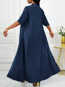 SHEIN Lady Women's Elegant, Casual, Commuting, Vacation, Simple, Solid Color Long Cardigan Jacket And Loose-Fitting Straight-Leg TrouTwo Piecespiece Set Four Seasons Modest Two Piece Set - Navy Blue - View 3
