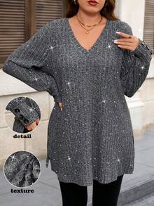 EMERY ROSE Blusa casual y cómoda de manga larga con cuello en V, botones decorativos y estampado salpicado de polvo enunicoloro y acanalado para mujer de talla grande - Gris Oscuro - Ver 1