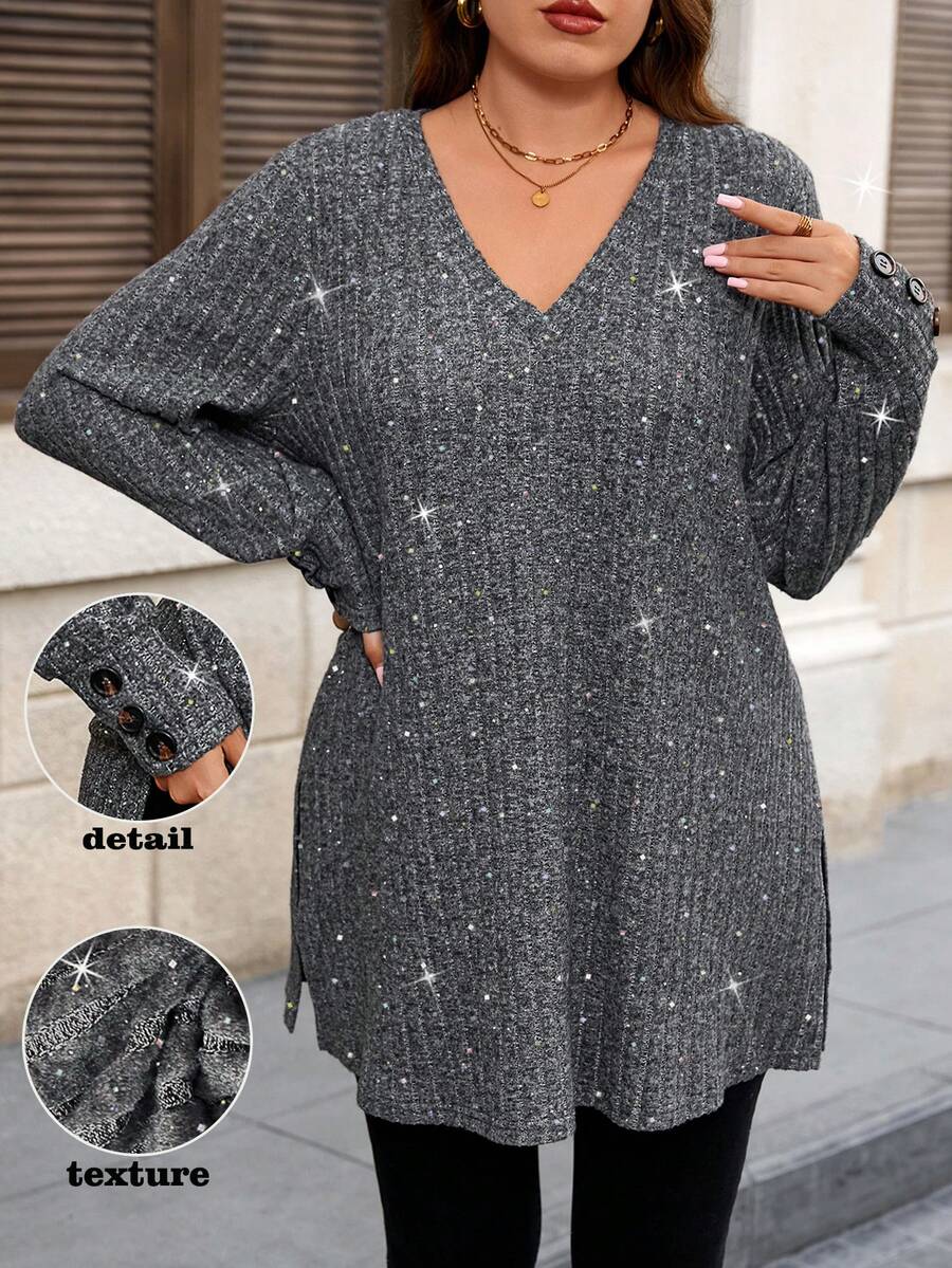 EMERY ROSE Blusa casual y cómoda de manga larga con cuello en V, botones decorativos y estampado salpicado de polvo enunicoloro y acanalado para mujer de talla grande - Gris Oscuro - Ver 1