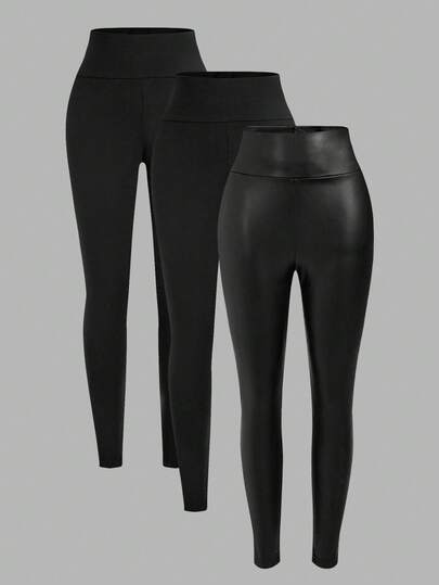 SHEIN SXY 3pcs Set Casual Black Solid Color + PU Plus Size Leggings, Yoga Pants, Autumn/Winter Women's Sportswear,Fall Clothes For Women
