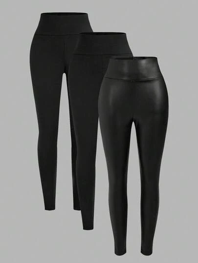 SHEIN SXY 3pcs Set Casual Black Solid Color + PU Plus Size Leggings, Yoga Pants, Autumn/Winter Women's Sportswear,Fall Clothes For Women