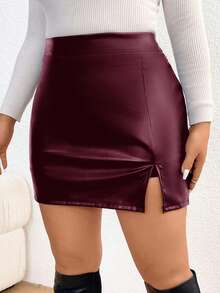 SHEIN Frenchy Plus Size Spring High Slit Wrapped Hem Bodycon Skirt/Winter - Burgundy - View 5