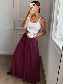 Serisse 女士优雅纯色半身裙，适合通勤 - 中紫紅色 - 查看 6