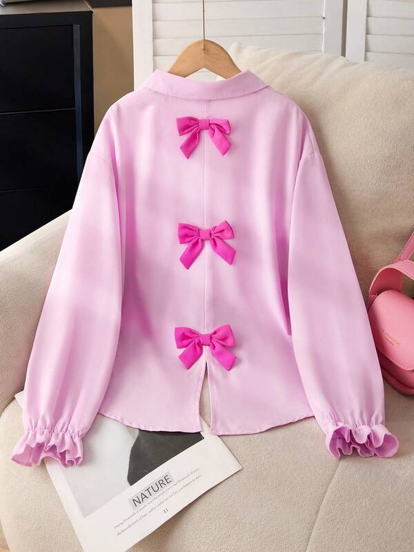 SHEIN Girls' Casual Elegant Sweet Pink Butterfly Decor Ruffle Hem Long Sleeve Blouse
