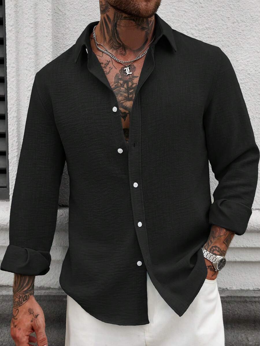 Manfinity Roughcore Men's White Casual Linen Long Sleeve Shirt Men Knitted Button Up Men Black Long Sleeve Shirt Men Casual Long Sleeve Shirts Men Textured Shirt Ceremony - Black - View 1