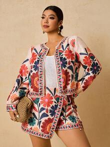 Travachic Conjunto de 2 peças de jaqueta e saia-calça plus size feminina com estampa floral damasco, roupa romântica para encontros de outono/inverno - Damasco - Ver 9