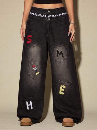 Street Life Y2K Streetwear Jeans mit bestickter Tasche, taillennah, locker geschnitten