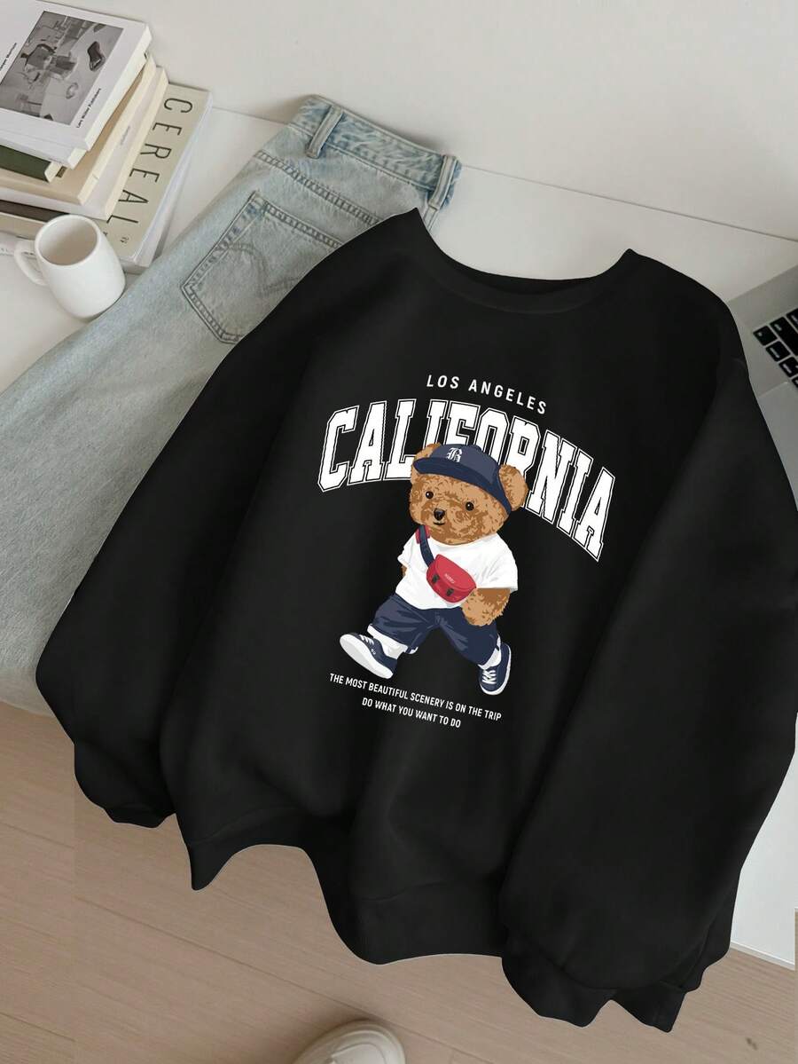 SHEIN EZwear Casual Minimalist Cartoon Bear Pattern Crew Neck Loose Fit Plus Size Sweatshirt/Winter