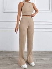 EURMUSE Solid Cotton Rib Knit Tank Top And Pants Casual Set - Beige - View 3