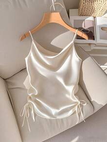 SHEIN PETITE 女式白色褶皱围脖领吊带背心 - 白色 - 查看 1