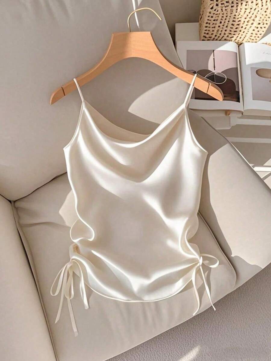 SHEIN PETITE 女式白色褶皱围脖领吊带背心 - 白色 - 查看 1