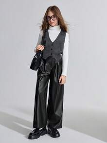 Ontre Pantalon ample à jambes larges en PU mat pour préadolescentes