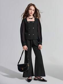 Ontre Ensemble chemise à double boutonnage en chiffon patchwork tressé et pantalon évasé pour préadolescentes - Noir - Voir 4