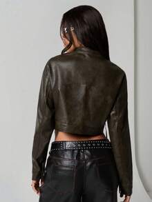 TRNVIE 1 件女式深灰色皮革拉链口袋摩托车复古休闲夹克，秋冬 - 深灰色 - 查看 2