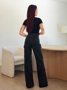 Abrilcols Ropa de mujer para invierno y otoño, pantalones vaqueros rectos casuales de cintura media con múltiples bolsillos decorados con strass negros para mujer. Para uso diario, salidas, conciertos, festivales, fiestas, ropa de club, ropa navideña para mujer - Negro - Ver 2