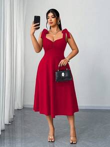 Elenzga Plus Size Women's V-Neck Ruched Waist Slit Elegant Romantic Red Party Dress, Spring/Autumn - Red - View 5