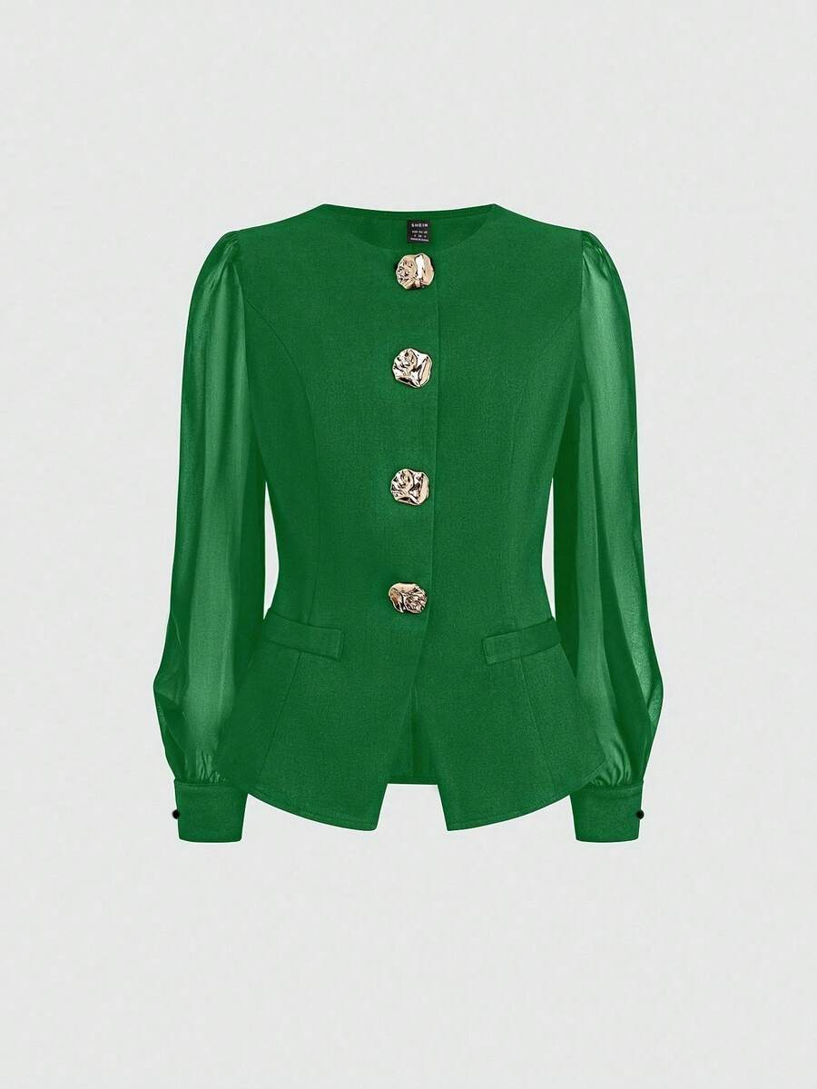 GlowEve 女式优雅休闲/办公室金属装饰不对称下摆长袖衬衫 - 綠色 - 查看 1