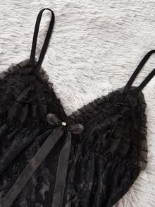 SHEIN 女士性感透明玫瑰蕾丝吊带背心和短裤睡衣套装 - 黑色 - 查看 3
